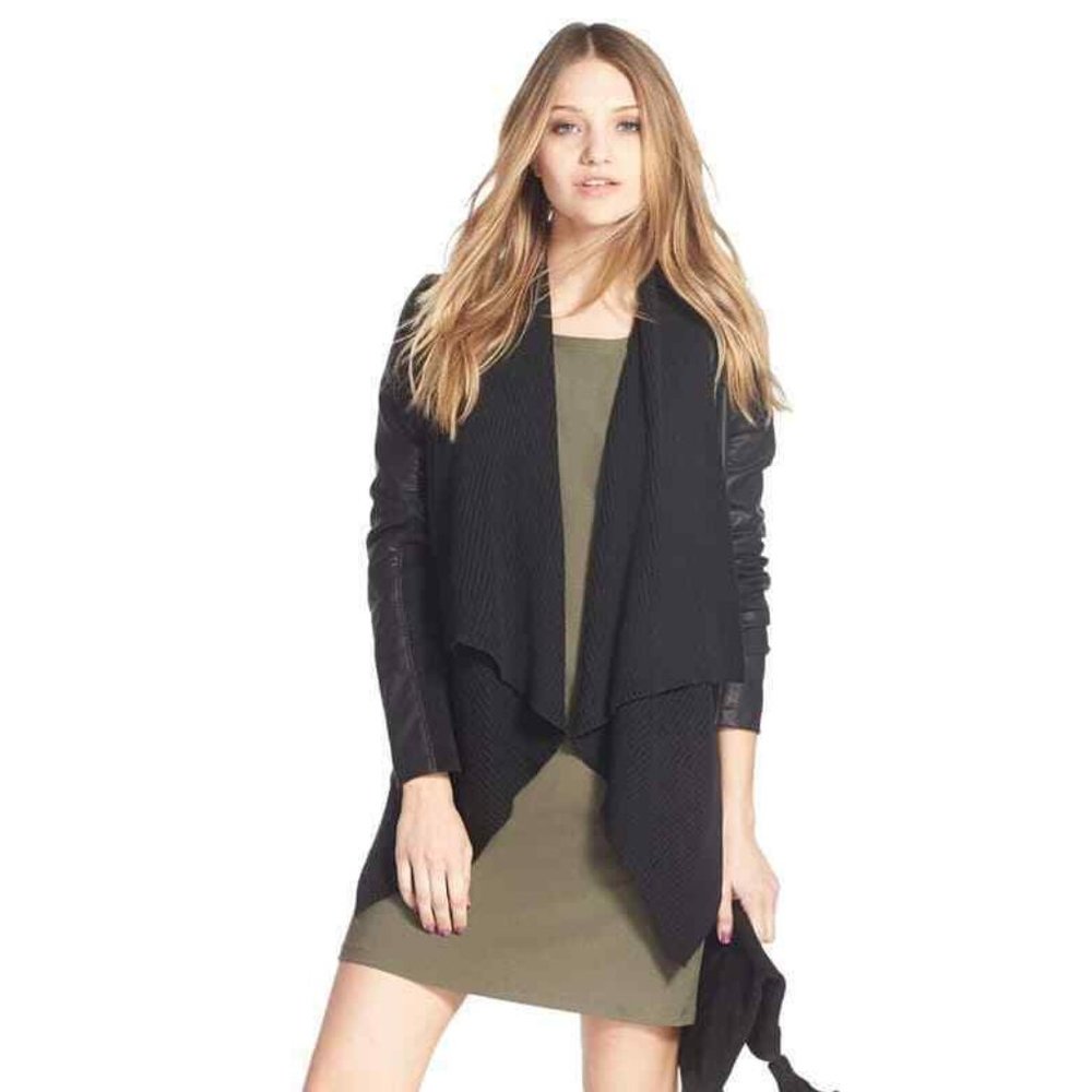 BLANKNYC Size Medium All or Nothing Black Faux Leather Knit Open Moto Jacket